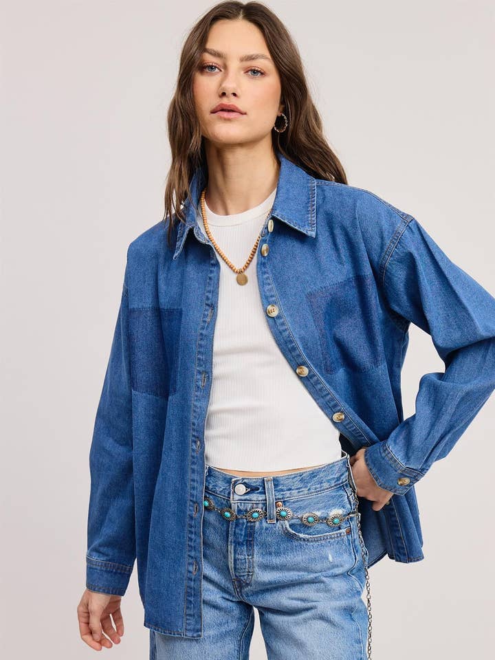 Denim Button Down Shirt with Shadow Pocket Detail for wholesale by Mimosa