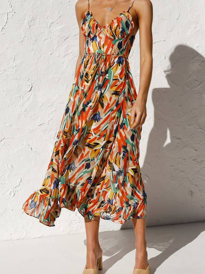 Robe nuisette imprimée à col en V et taille haute ZK1611 pour la vente par UNISHE