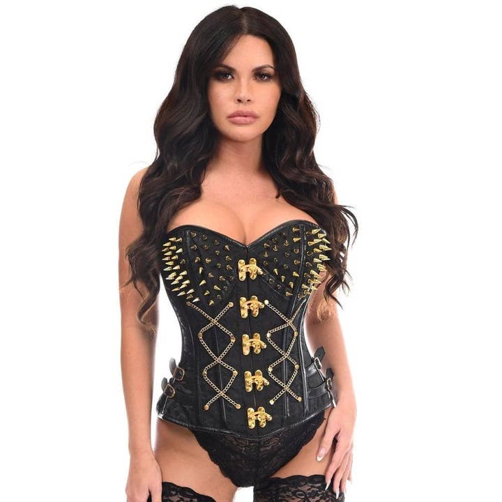 Corsé deshuesado de acero con brocado negro y pinchos dorados en el cajón superior para venta al por mayor de Daisy Corsets