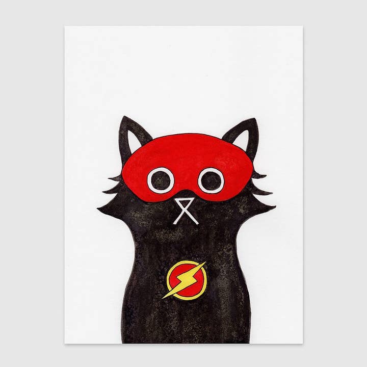 Flash Cat Wall Art Print, Superhero Print for wholesale by Baldy And The Fidget