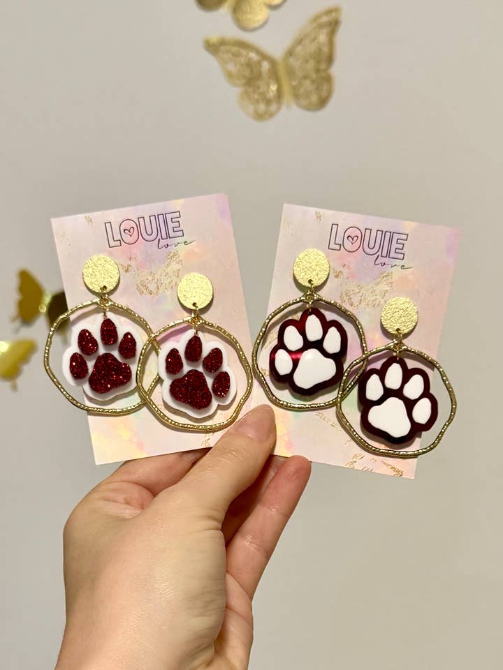 Maroon Red & White Football Sports Paw Earrings for wholesale by Louie Love