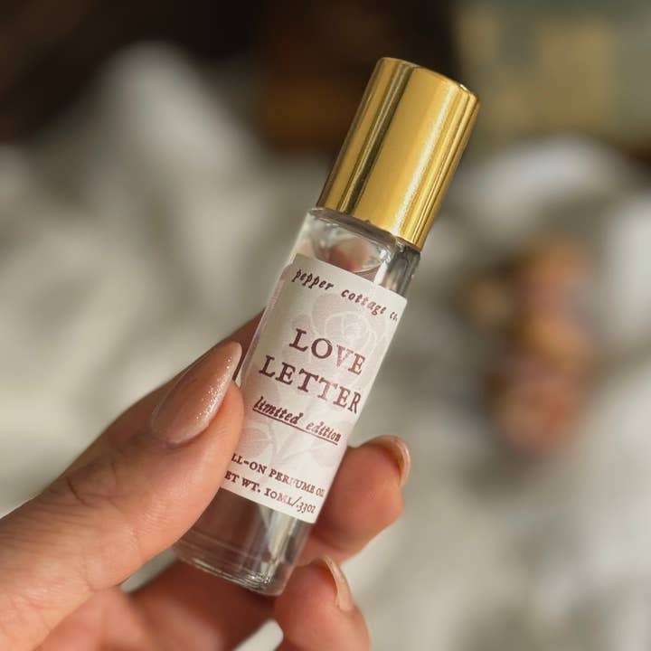 Love Letter Roller Perfume Oil LIMITED EDITION | Rose Petals, Bergamot, Peppercorn, Sandalwood | Romantic Coconut Oil Roller Perfume for wholesale by Pepper Cottage Co. Candles