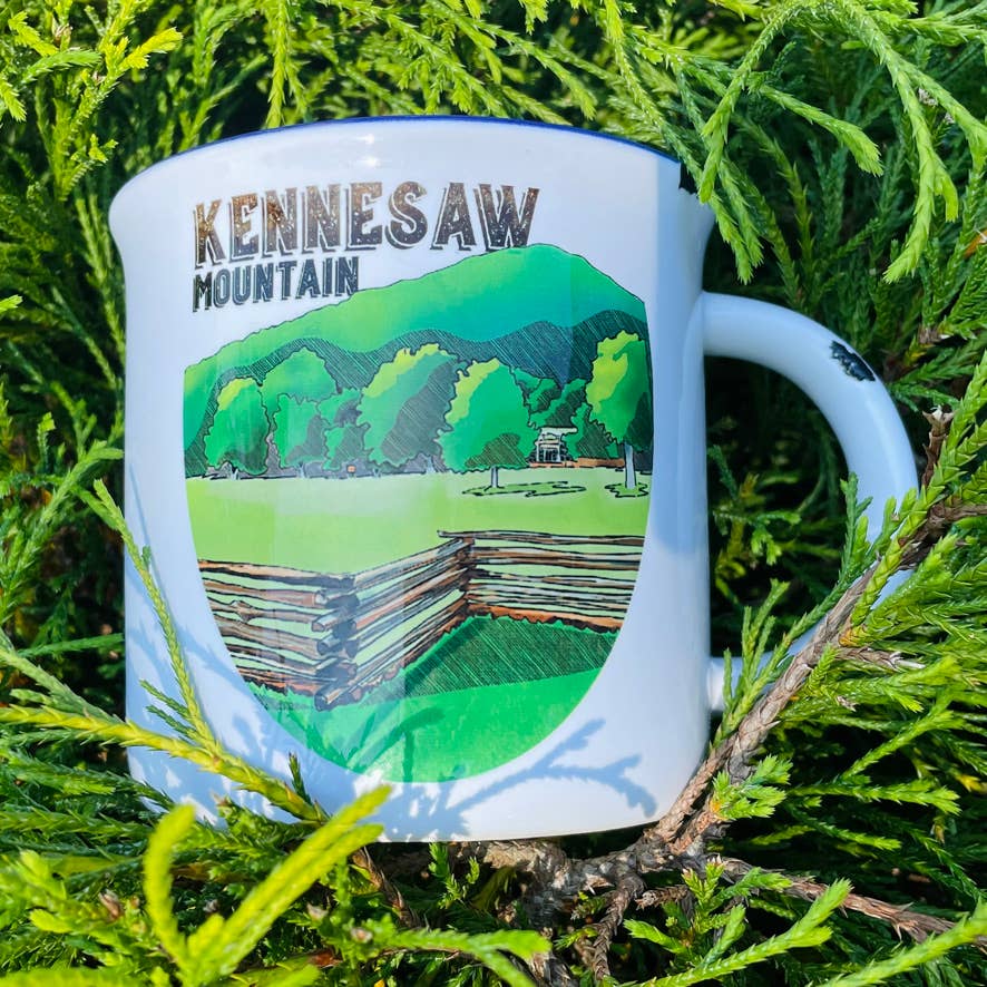 Sweetgum Studio - Wholesale Coffee Mug - Stoneware Distressed Mug with Blue Trim 14 oz.18