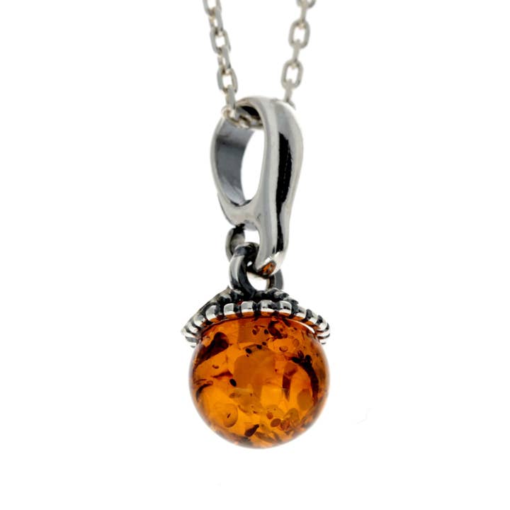 925 Sterling Silver & Genuine Baltic Amber Ball Classic Pendant - 607 for wholesale by SilverAmber Jewellery