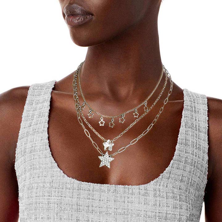 Silver 3 Layer Chain Star Necklace for wholesale by PinktownUSA
