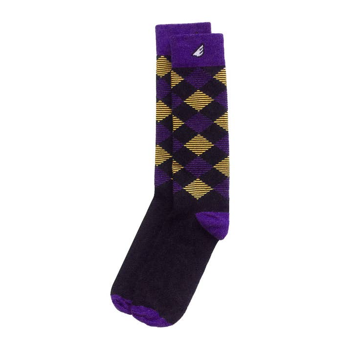 Scotsman - Black, Purple & Gold. American Made Dress / Casual Argyle Socks for wholesale by Boldfoot Socks