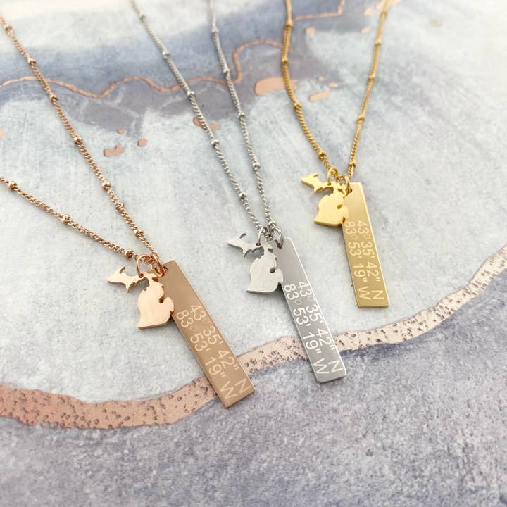 Custom Michigan Coordinates Vertical Bar Necklace - Name Drop for wholesale by My Captured Journey