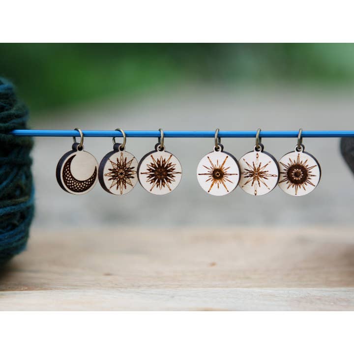 Moon and Stars Maple Wood Knitting Stitch Markers Set of 6 for wholesale by Sunrise Grove