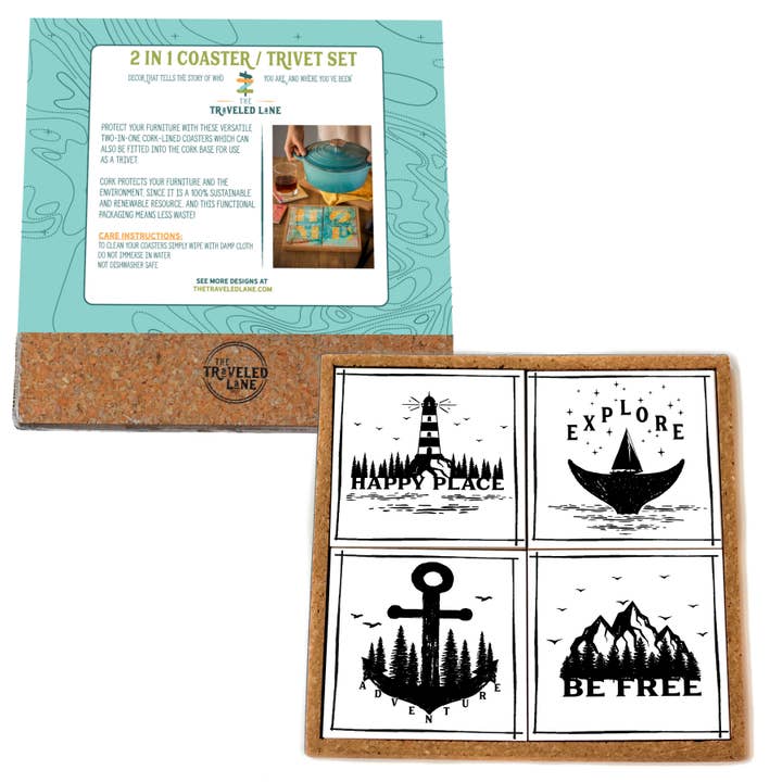 Camping Adventure Coasters Patented Coaster/Trivet Set for wholesale by The Traveled Lane®