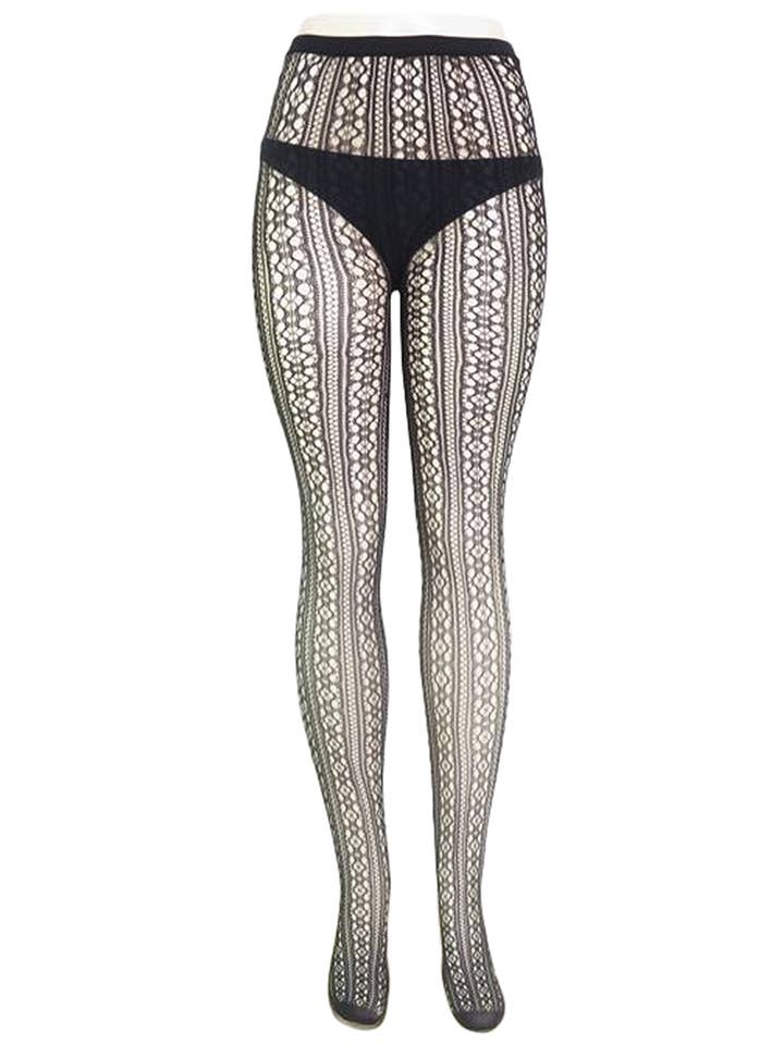 Black High Rise French Cut Floral Lace Net Sheer Tight Pantyhose for wholesale on Faire