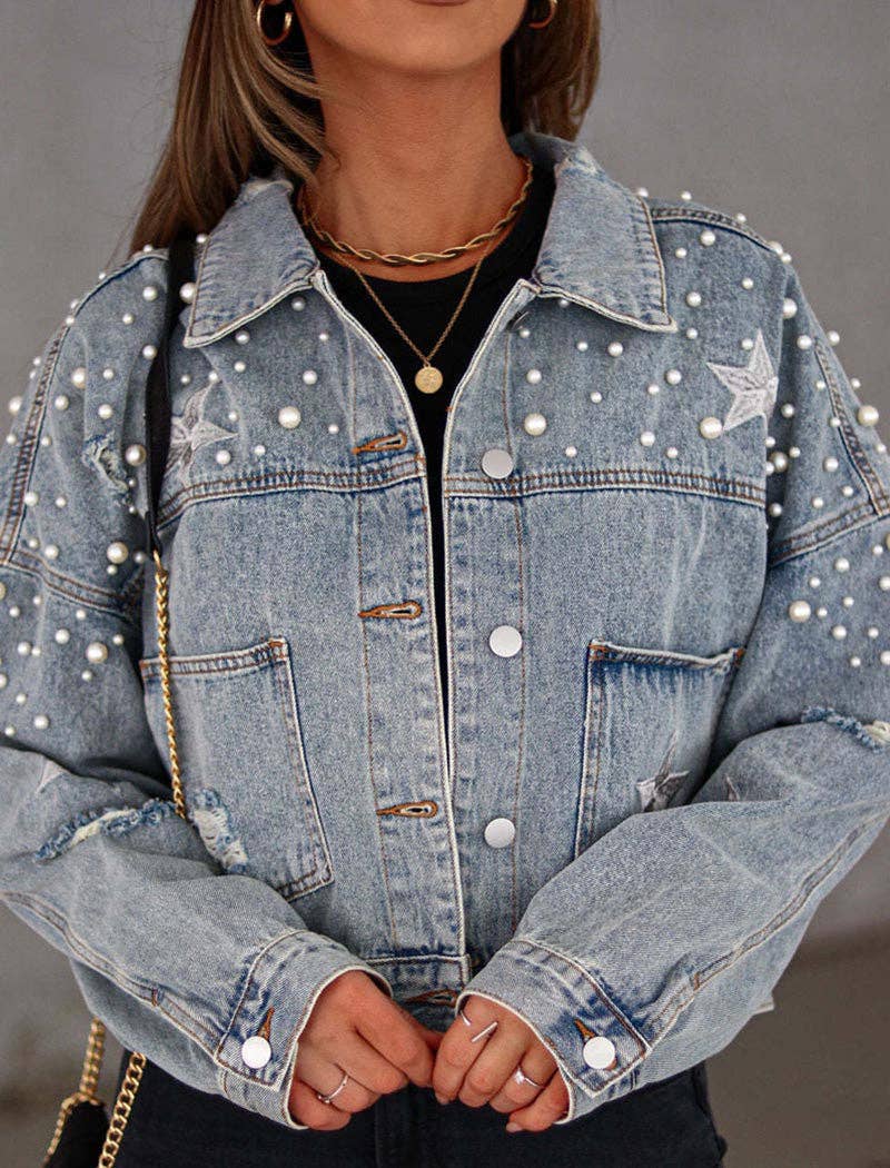 safistyle – Großhandel Jeansjacke – Damen – Denim-Crop-Jacke mit Kunstperlen besetzt3