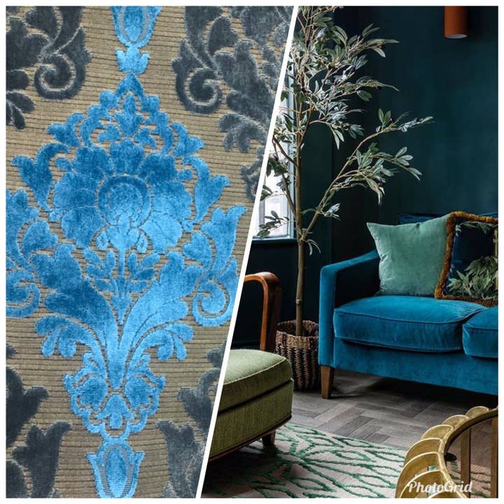 Prince John Novelty Italiaanse burn-out bekleding chenille fluwelen stof - blauw goud voor wholesale door Fancy Styles Fabric