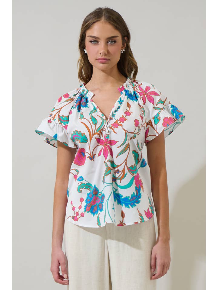 WhiteFuschia Izzie Floral Macy Ruffle Top for wholesale on Faire
