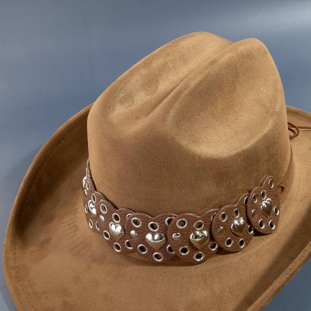 Collections by Fame Accessories - Vente Chapeau de cowboy – femme - Chapeau de cowboy occidental avec ceinture à sangle en cœur4