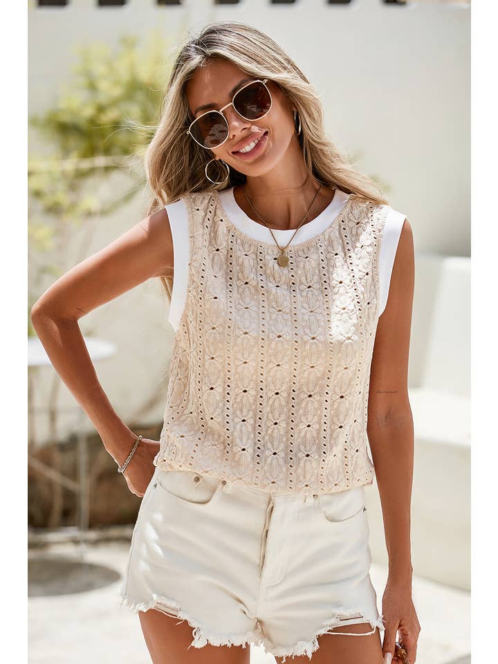 Oatmeal LDC Floral Textured Crew Neck Tank Top for wholesale on Faire