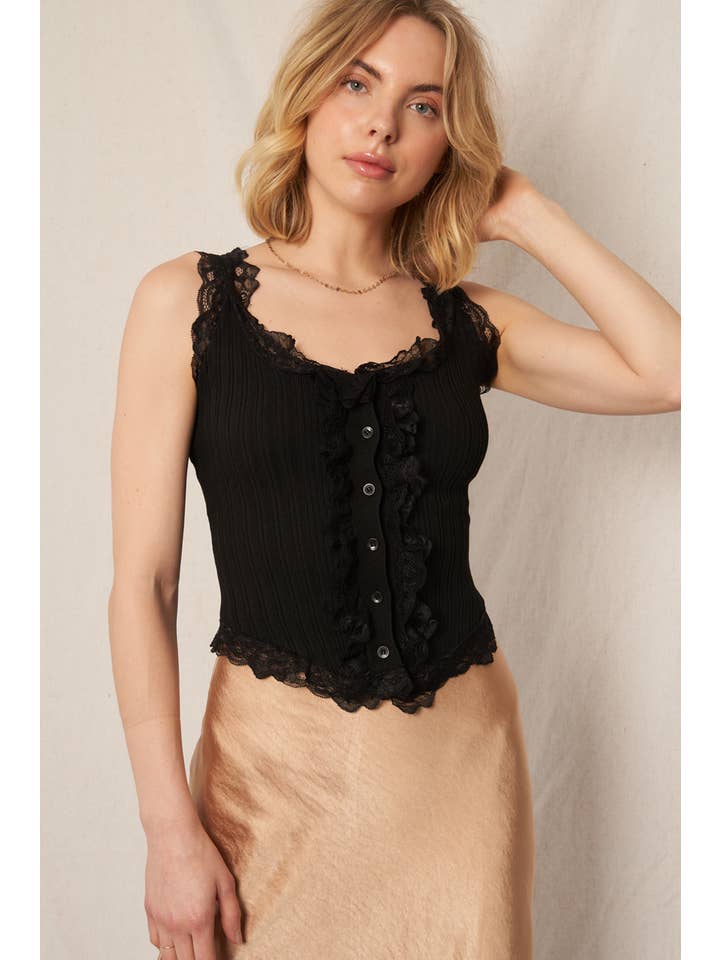En Crème - Wholesale Button Down Shirt - Women's - Sleeveless Lace Trim Button Down Top