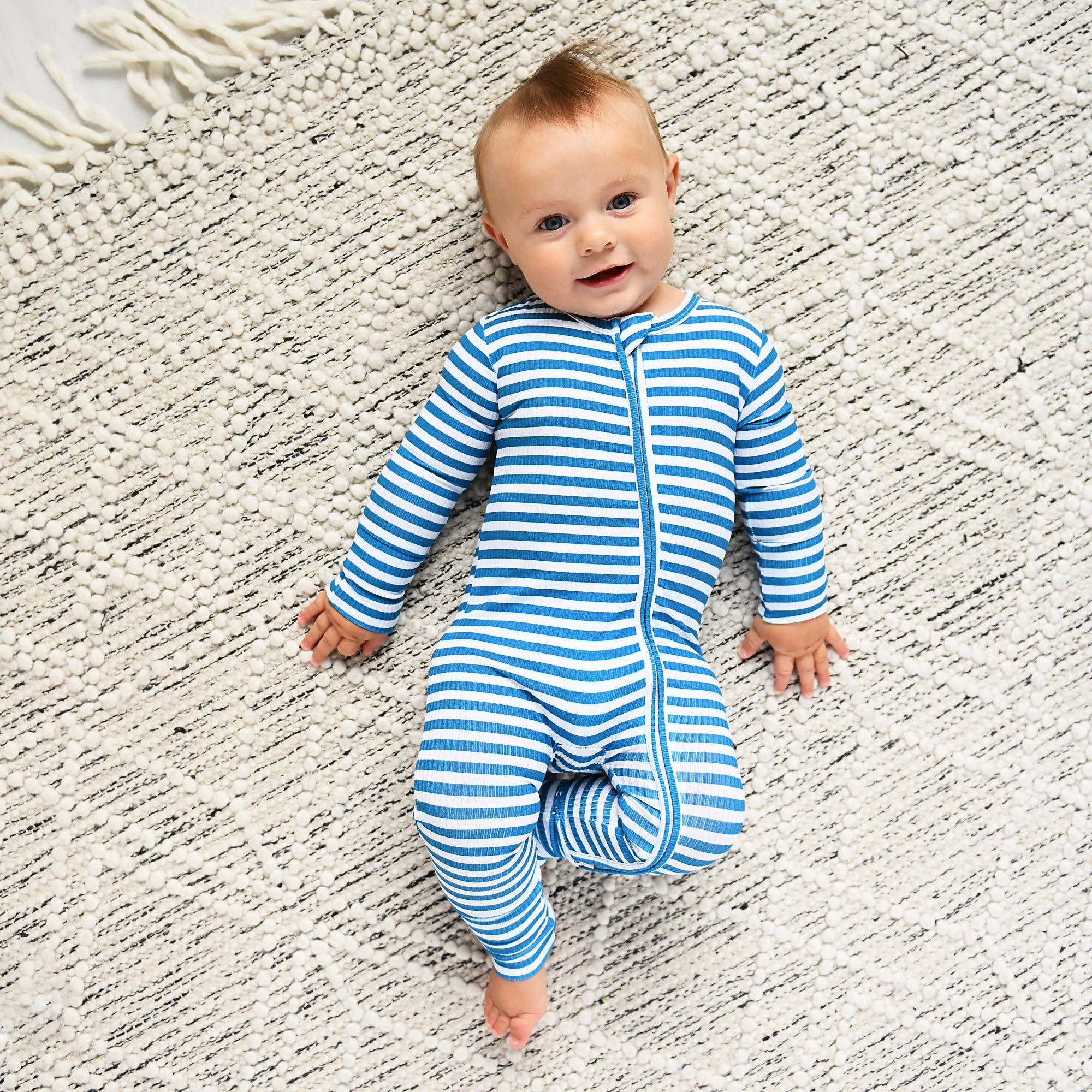 Gigi and Max - Wholesale Jumpsuit - Baby - Cooper Blue Ribbed ZIP Bamboo Striped One Piece 2-Way Zipper5