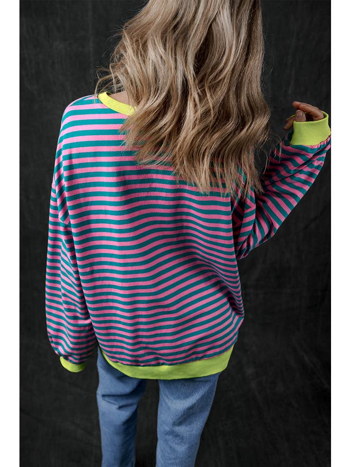 Amaryllis Apparel - Wholesale Sweatshirt - Women's - Stripe Oversized Contrast Trim Pullover Sweatshirt33