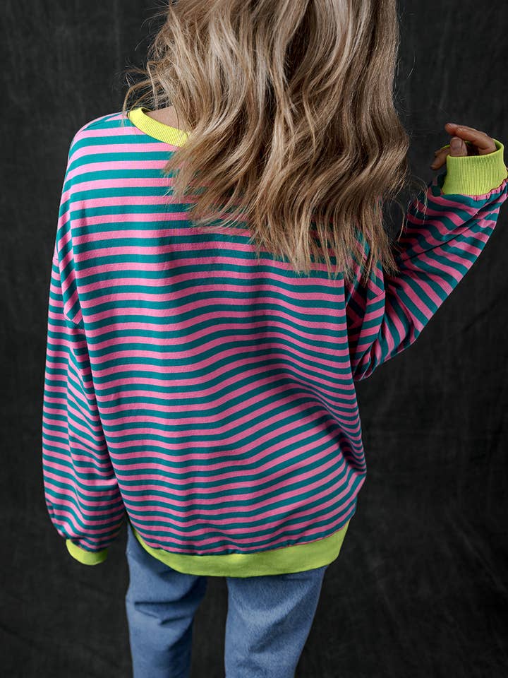 Lovesoft - Wholesale Sweatshirt - Women's - Stripe Oversized Contrast Trim Pullover Sweatshirt