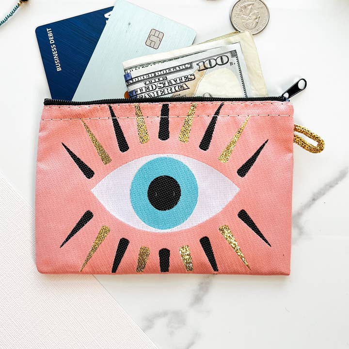 Handmade Coin Purse, Evil Eye Coin Purse, Pink Zipper Pouch for wholesale by Umays Boho