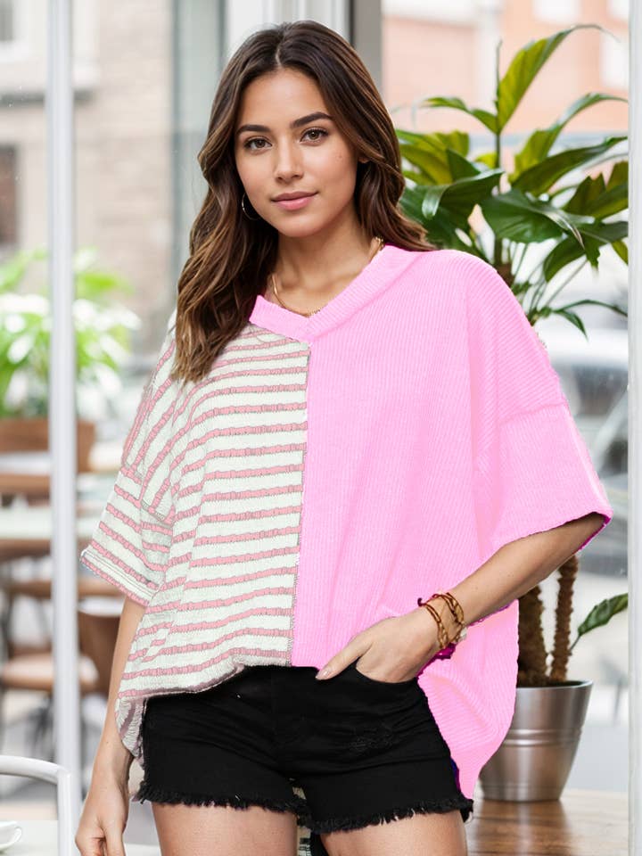 V-NECK TUNIC WITH STRIPE AND SOLID CONTRAST for wholesale by Burgundy Apparel