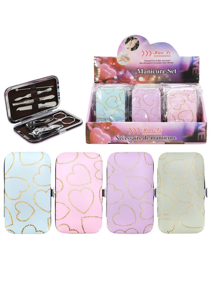 Bling Hearts Vegan Leather 7-pcs Nailcare Kit for wholesale by Cap Zone