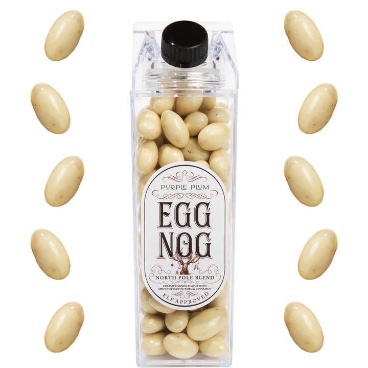 Eggnog Almonds in a reusable Lucite bottle for wholesale by Purple Plum