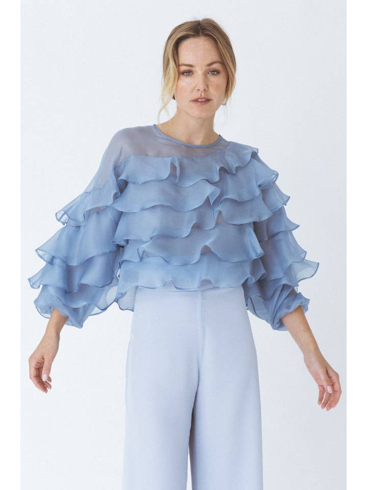 Blauw Volumineuze blauwe blouse met ruches voor groothandel op Faire