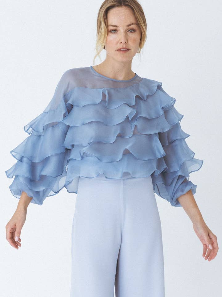 Blusa azul voluminosa con volantes para venta al por mayor de ANT WOMAN COLLECTION