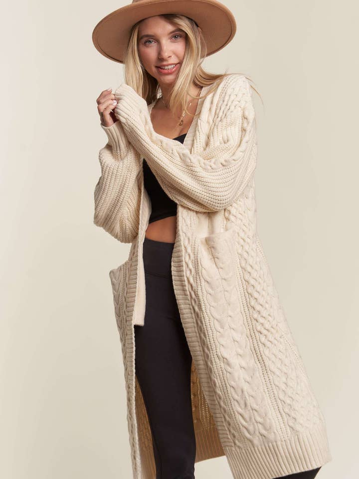 Madelyn - Wholesale Cardigan - Women's - LESW3449A - CABLE KNIT LONG SWEATER CARDIGAN