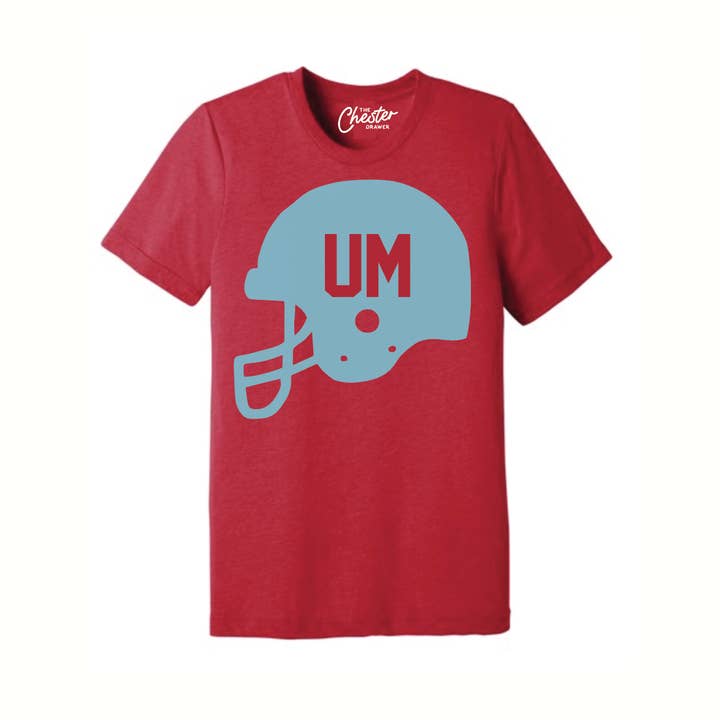T-shirt unisexe UM Heather Red avec encre bleu poudré pour la vente par The Chester Drawer