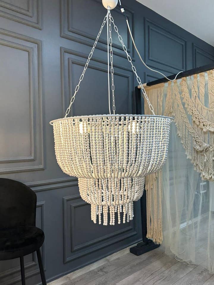 Handcrafted White Beaded Chandelier: Boho Pendant Light for wholesale by Joy's Arts