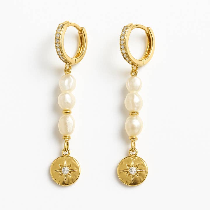 Zirconia Earrings – Gold Huggies, Pearl & Crystal for wholesale by Lucy Andy Jewellery