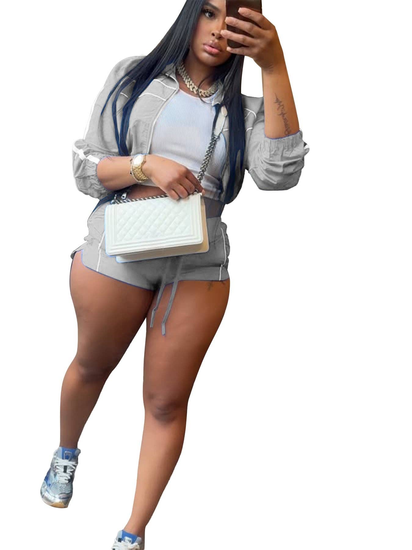 MB Fashion Wholesale - Wholesale Activewear Set - Women's - MB FASHION Two-Piece Track Shorts and Cropped Zip-Up Jacket Set 5020LY4