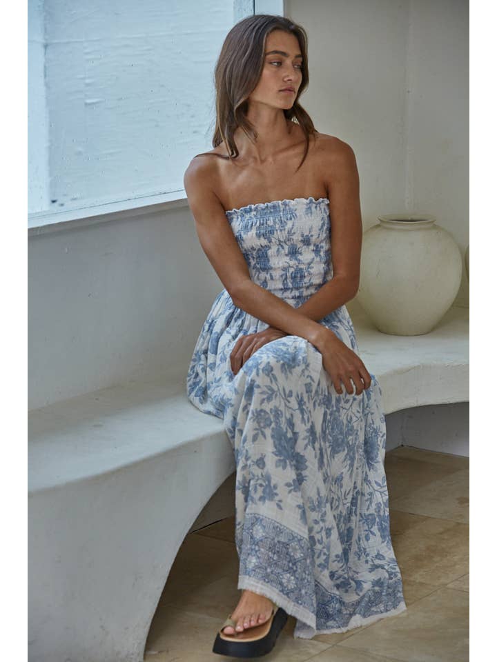 Ivory Blue L9240 | Woven Cotton Rayon Floral Smocked Strapless Midi for wholesale on Faire
