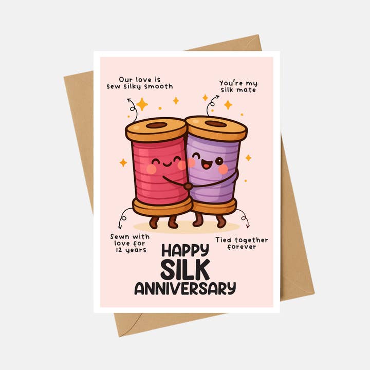 Anniversary Card - Silk 12th Anniversary card - A6 for wholesale by The Playful Press