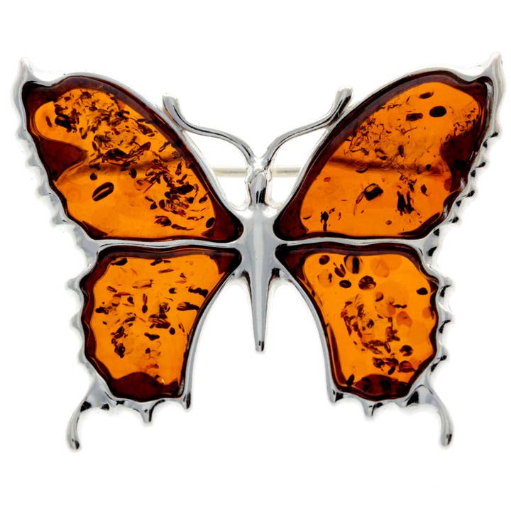 925 Sterling Silver & Baltic Amber Exclusive Large Butterfly Brooch - AD800 for wholesale by SilverAmber Jewellery