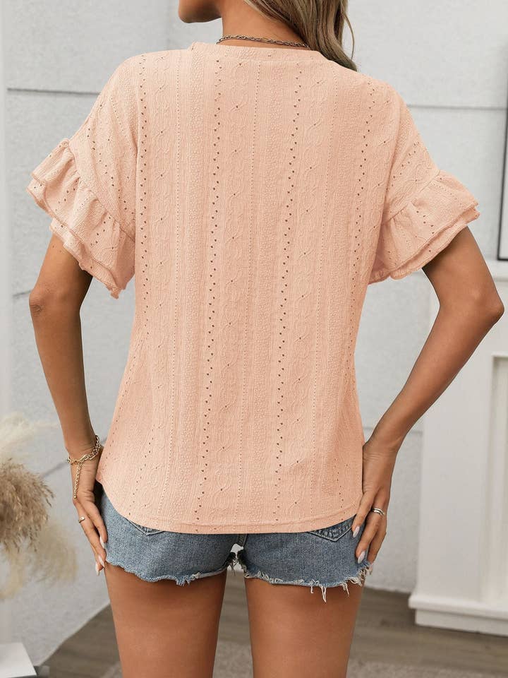 Lovesoft - Wholesale Blouse - Women's - 2025 summer solid color round neck lotus leaf sleeve short sleeve T-shirt top