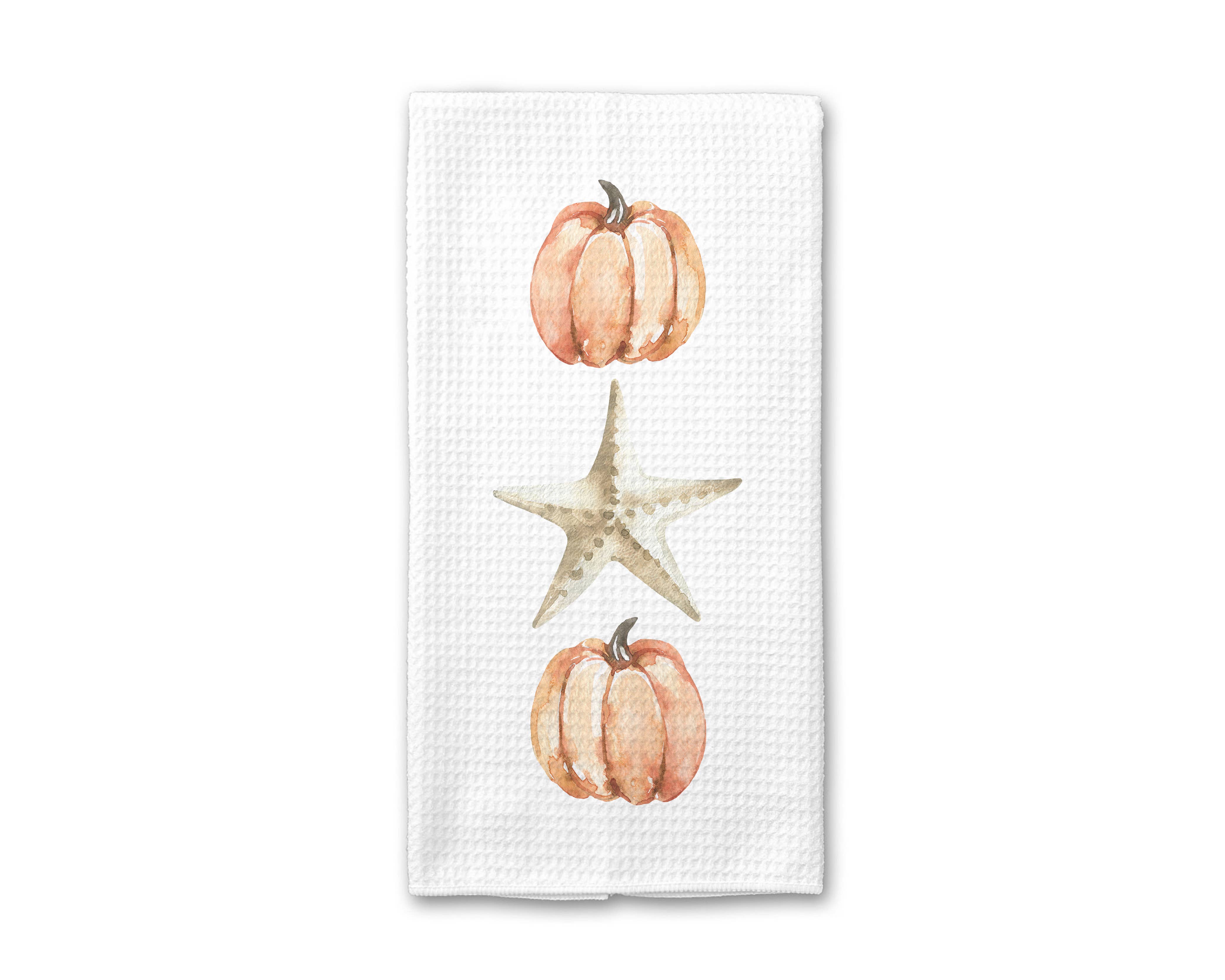 Canary Road - Wholesale Tea Towel - Orange Pumpkins & Starfish Kitchen Towel, Coastal Fall Beach3