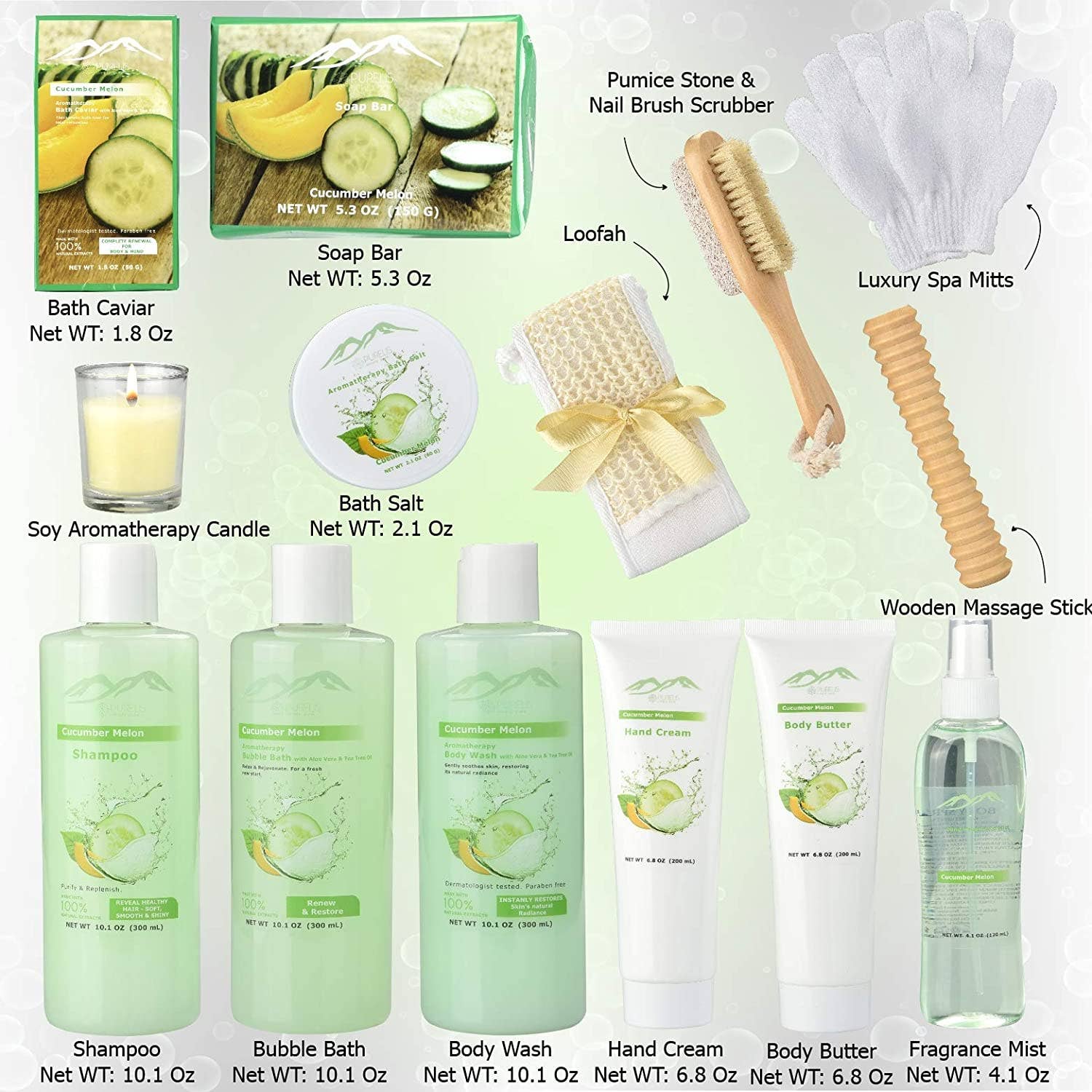 Pure Parker - Wholesale Bath & Body Set - Mothers Day Spa Cucumber Melon 15-Piece Deluxe Gift Basket Bath and Body Set with Essential Oils1