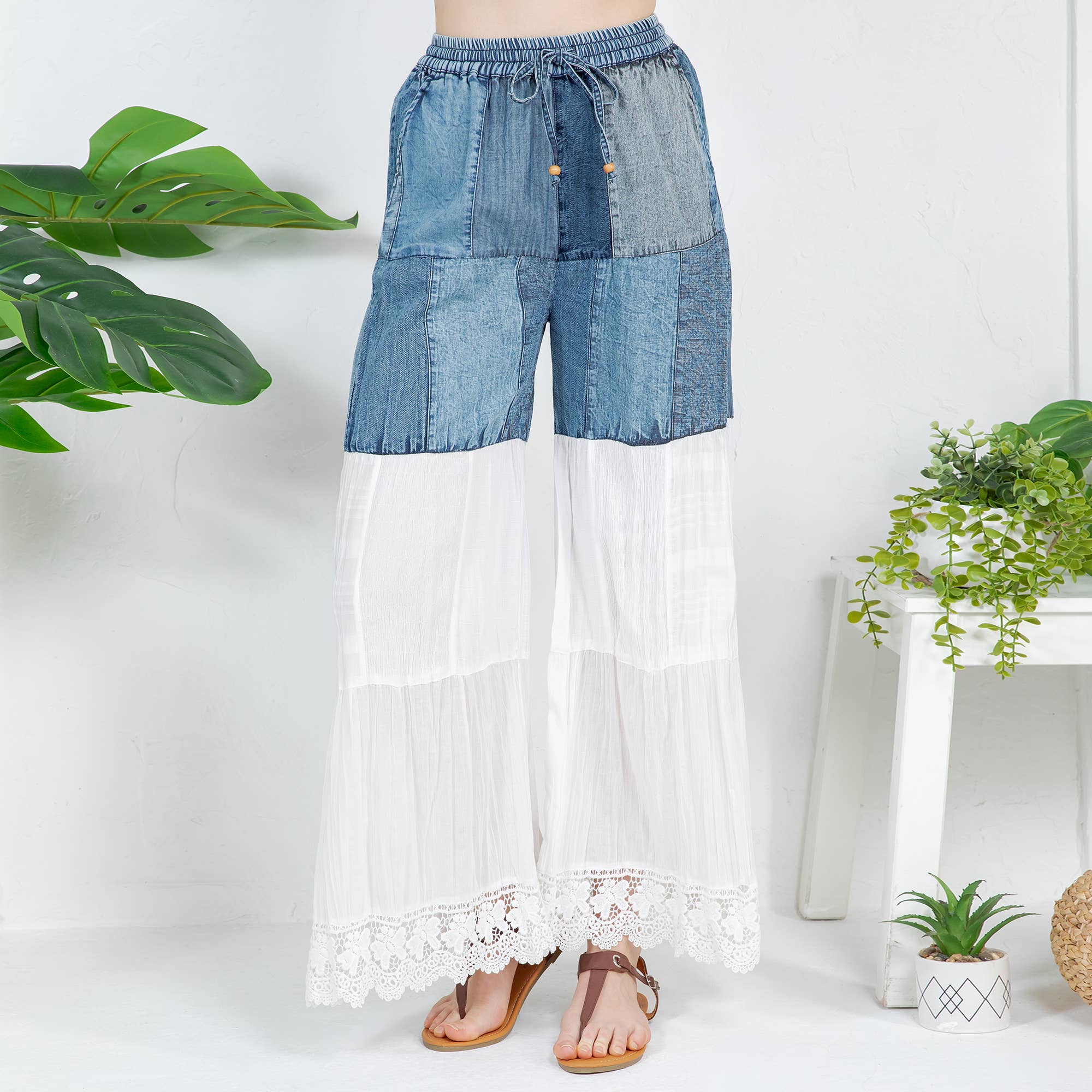 Young Threads - Vendita all'ingrosso Pantalone - Donna - Pantaloni lunghi in denim ispirati al boho con toppa solida (nuovo colore)9