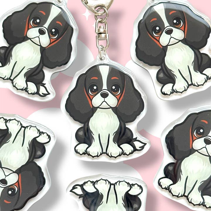 Tri-Color Cavalier King Charles Spaniel Acrylic Dog Keychain with Epoxy Resin | Easy-Clip, Cute Dog Cartoon, Hand-Drawn Design, Dog Lover Gift for wholesale by Milly Made Designs