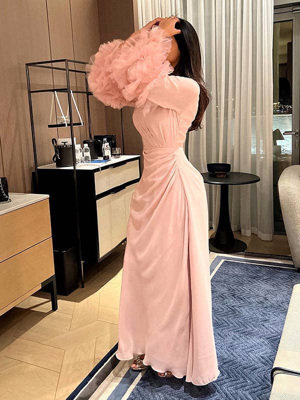 Plush Looks – wholesale Dress – Women's – Pleated Tie-Waist Flared Sleeve Maxi Dress6