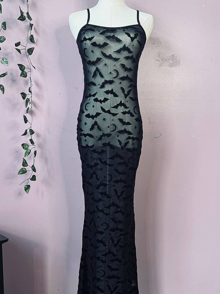 Sheer Hourglass Maxi Dress - Velvet Flocked Bats - RTS for wholesale by Witchwood Bags