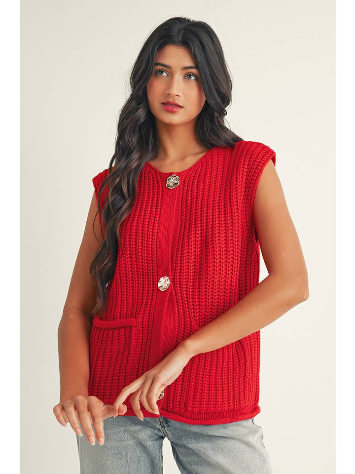 Little Daisy Closet - Wholesale Outerwear Vest - Women's - LDC Solid Textured Knit Side Pockets Buttoned Sweater Vest