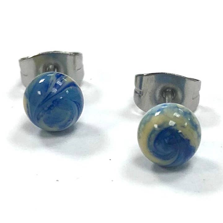 Lapis Swirl Handmade Glass Stud Earrings for wholesale by Helen Chalmers