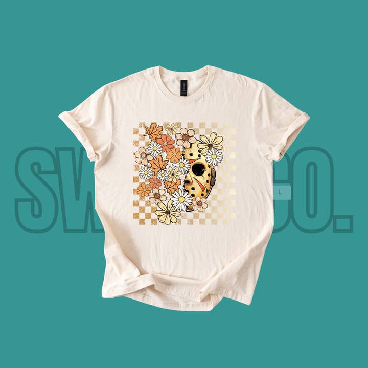 Killers Summerween Floral T-Shirt | Spooky Cute Halloween in July Tee | Summer Goth Aesthetic Shirt | Ghost, Knife & Flower Graphic Tee for wholesale by Swain Co.
