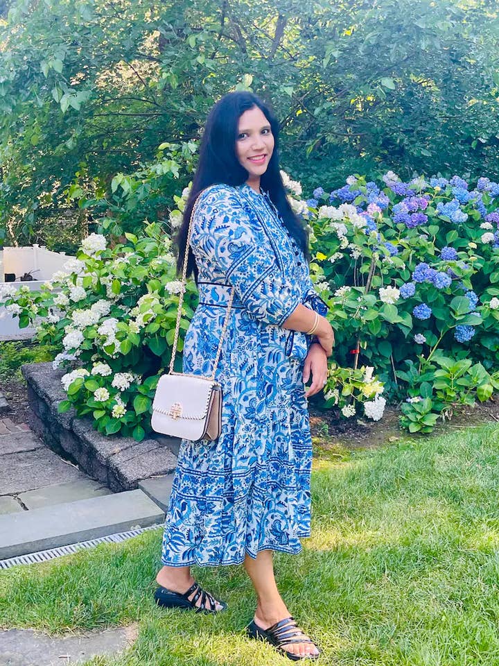 Blue Block Printed Midi Dress for wholesale by AMRANIS