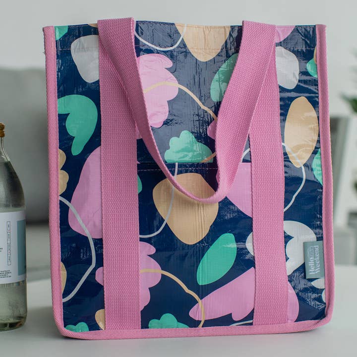 Hello Weekend - Wholesale Grocery/shopping bag - Pink & Aqua Flowers - Daily Market Tote Bag with Pocket3