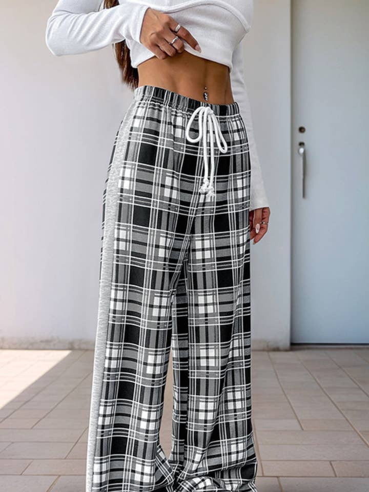 High Waist Plaid Wide Leg Pants Black and White Trousers for wholesale by Lovesoft